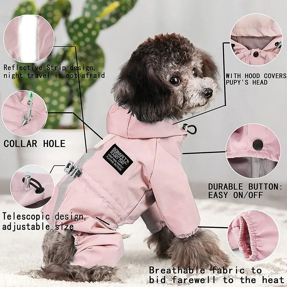 Waterproof Dog Rain Jacket with Reflective Strap and Leash Hole Rainy Day Pet Clothes Windproof Puppy Cat Rain Coat