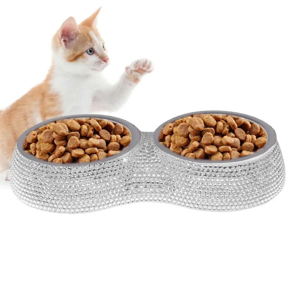 Bling Bling Rhinestone Cat Dog Food Water Feeder